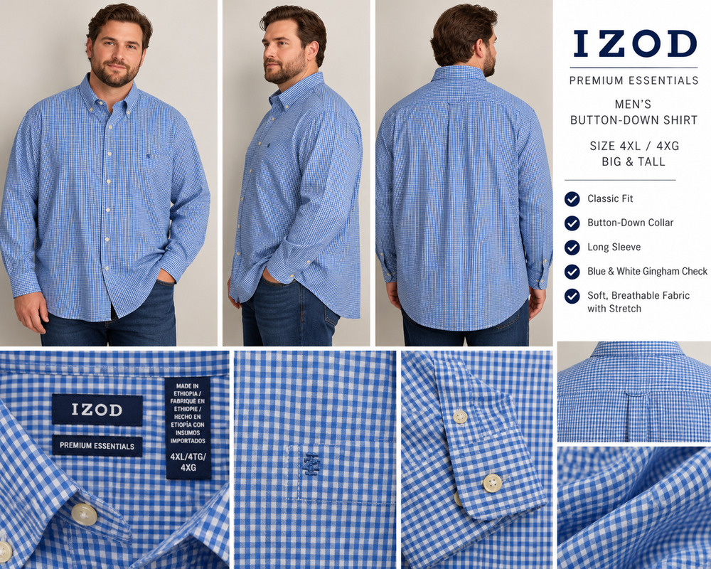 ~ IZOD Premium Essentials Men’s Long Sleeve Button Up Shirt Size 4XL 100% Cotton